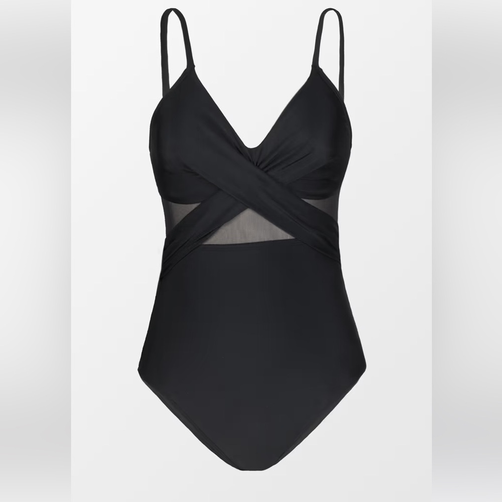 Solid Mesh Wrap Front Cutout Black One Piece Swimsuit - Picture 5 of 8